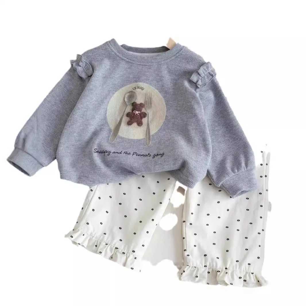 2025 Spring Children Girls 2PCS Clothes Set Printed Round Neck Lace Top Dot Straight Pants Suit Toddler Girls Outfits W250218