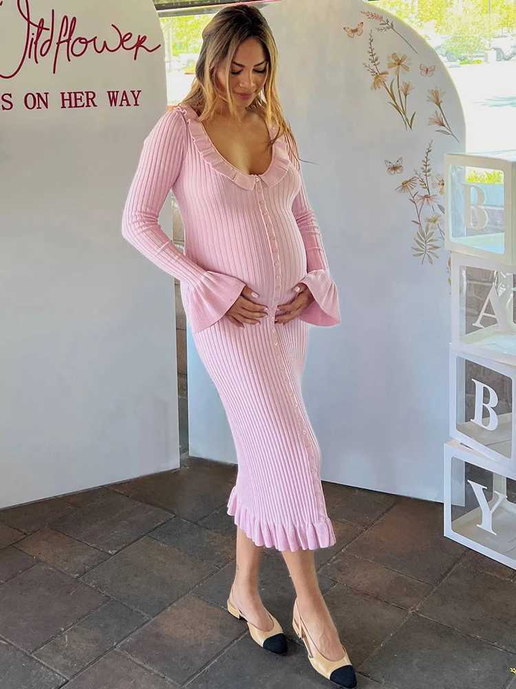 Basic Casual Dresses Fantoye Turn-down Collar Ruffles Women Maxi Dress Flare Slve Single Breasted Dress Female Autumn Elegant Party Clubwear H25217