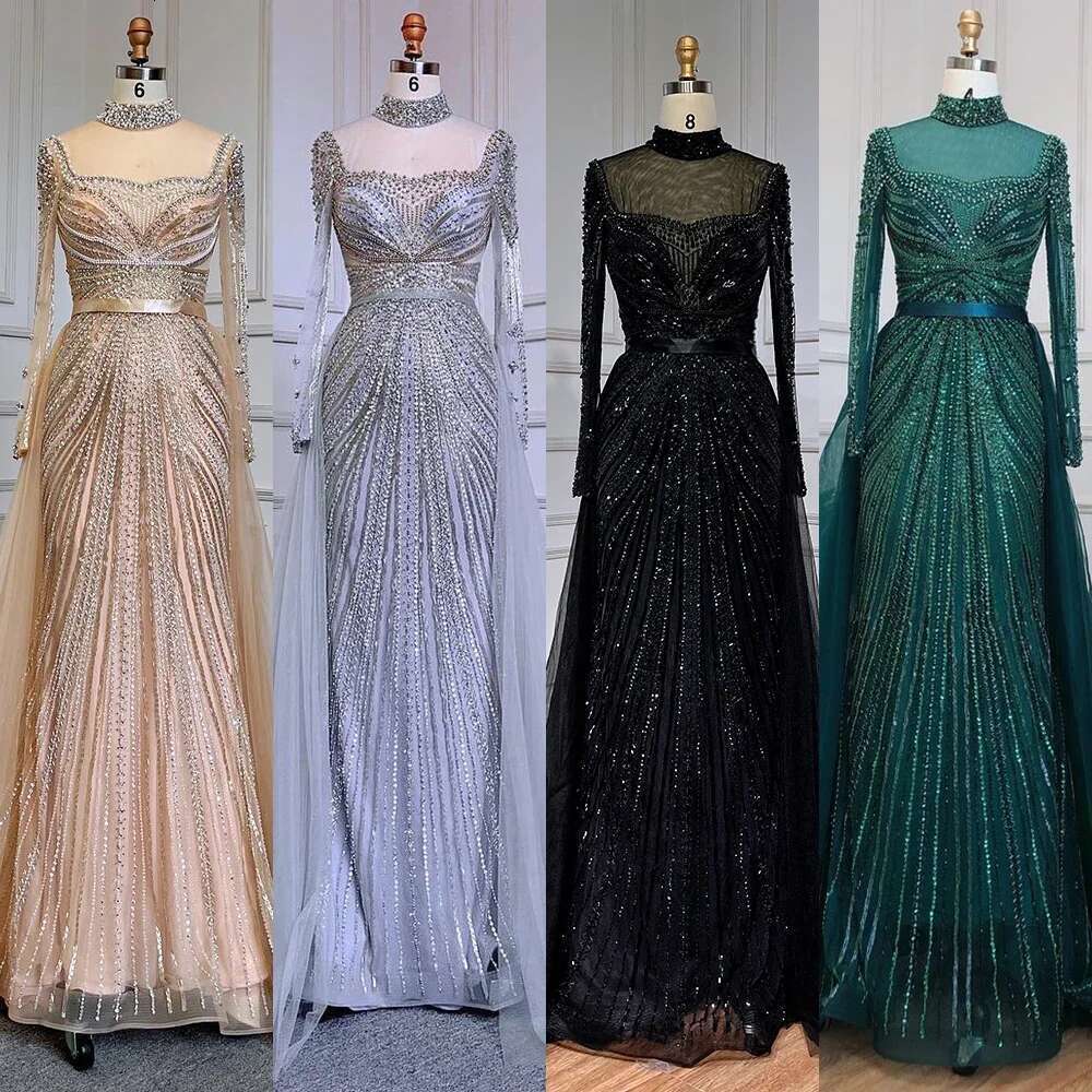 Muslim Nude Mermaid Elegant Evening Dresses Gowns Beaded Tassel Customize Party BLA