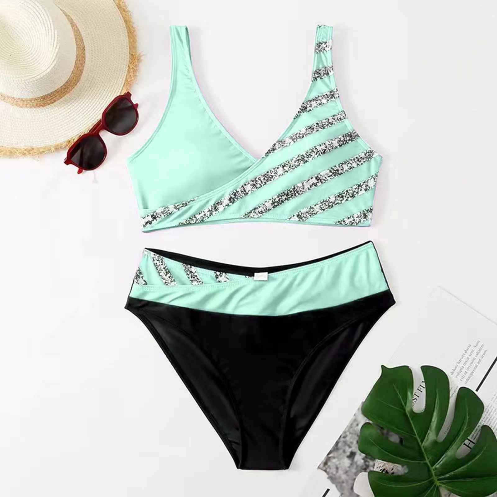 Women Shiny Print 2pcs Tankinis Set Push Up Bra High Waist Beachwear Summer Sexy Split Swimsuit Beach Bathing Suit 250213