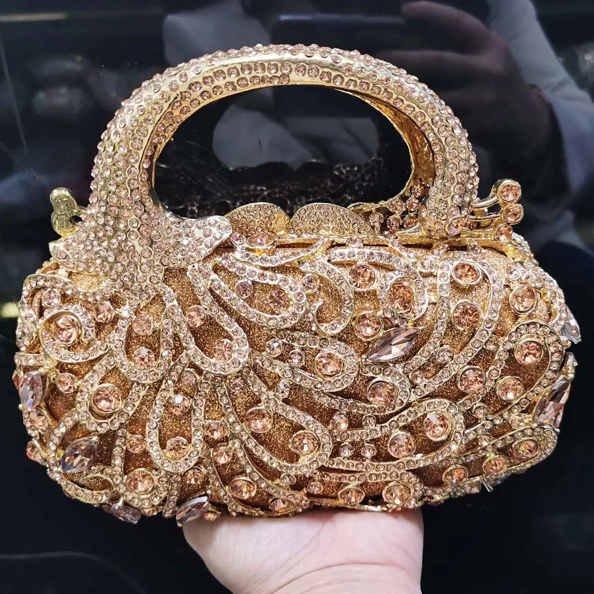 KHNMEET Fashion Rose Gold Mini Tote Handbags Box Crystal Evening Women Clutch Bags Champange Wedding Purse SM94