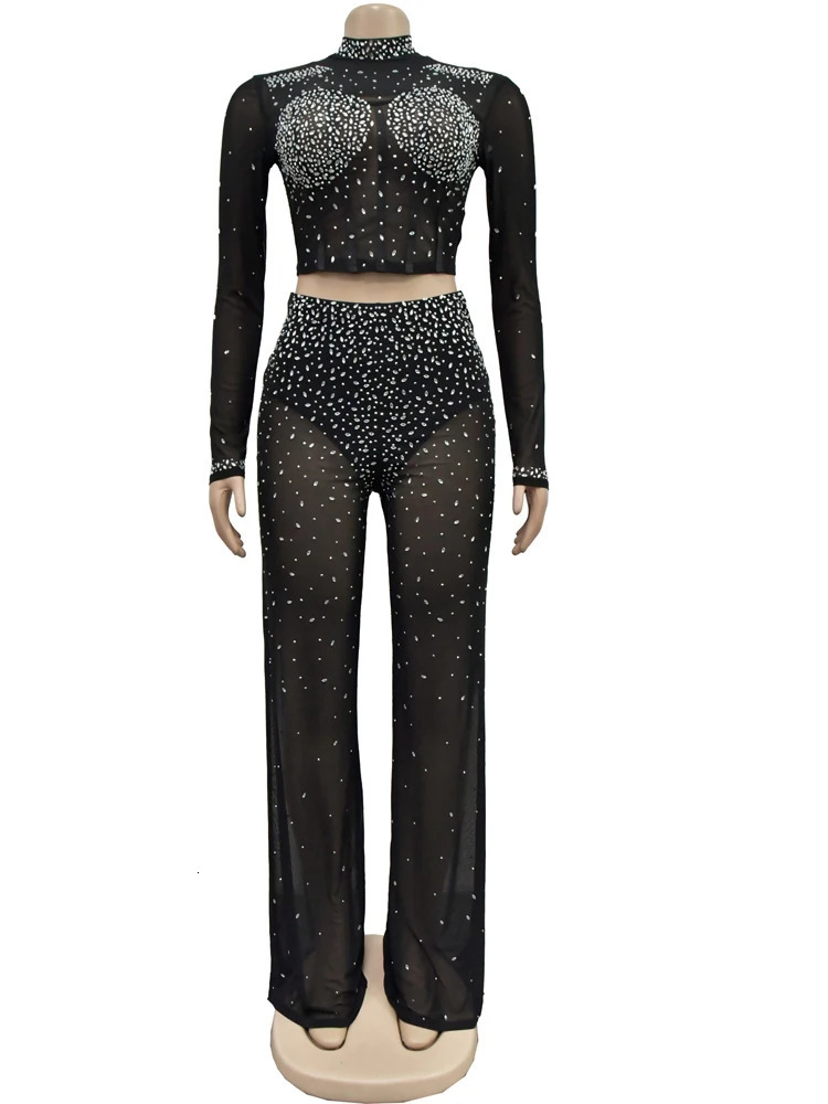 Beyprern Womens Black Sheer Mesh Rhinestone Crop Top And Wide Legs Pants Set Sparkle Crystal Tracksuit Birthday Outfit 250217
