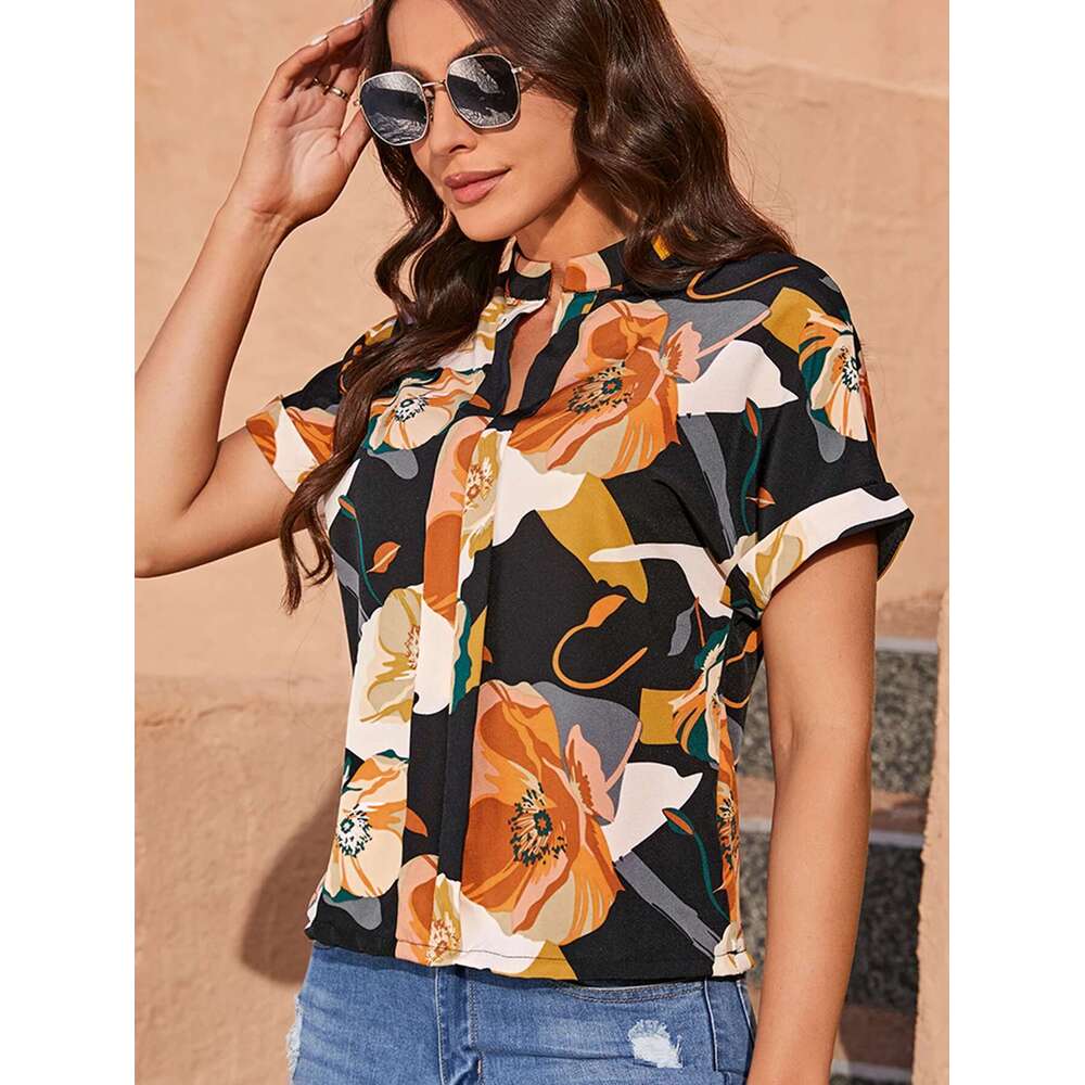 Fashion Retro Wer Print Women Shirts Summer New Casual V -Neck Short Sleeve Blouses Tops