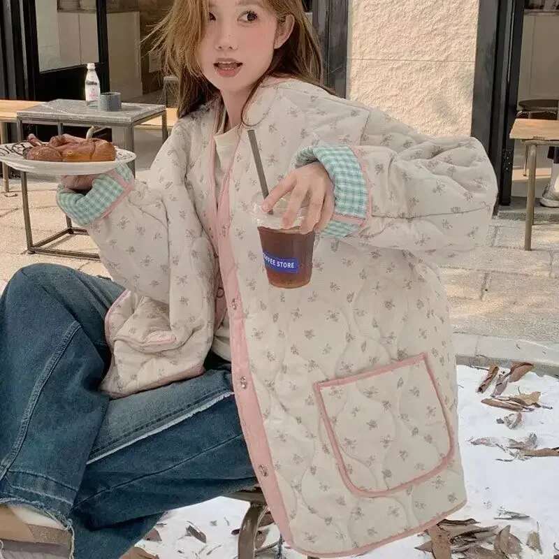 Two-Sided Wear Cotton Jacket Korean Sweet Pink Ral Checkered Coat Women Autumn Winter Loose Casual Single Breasted Tops