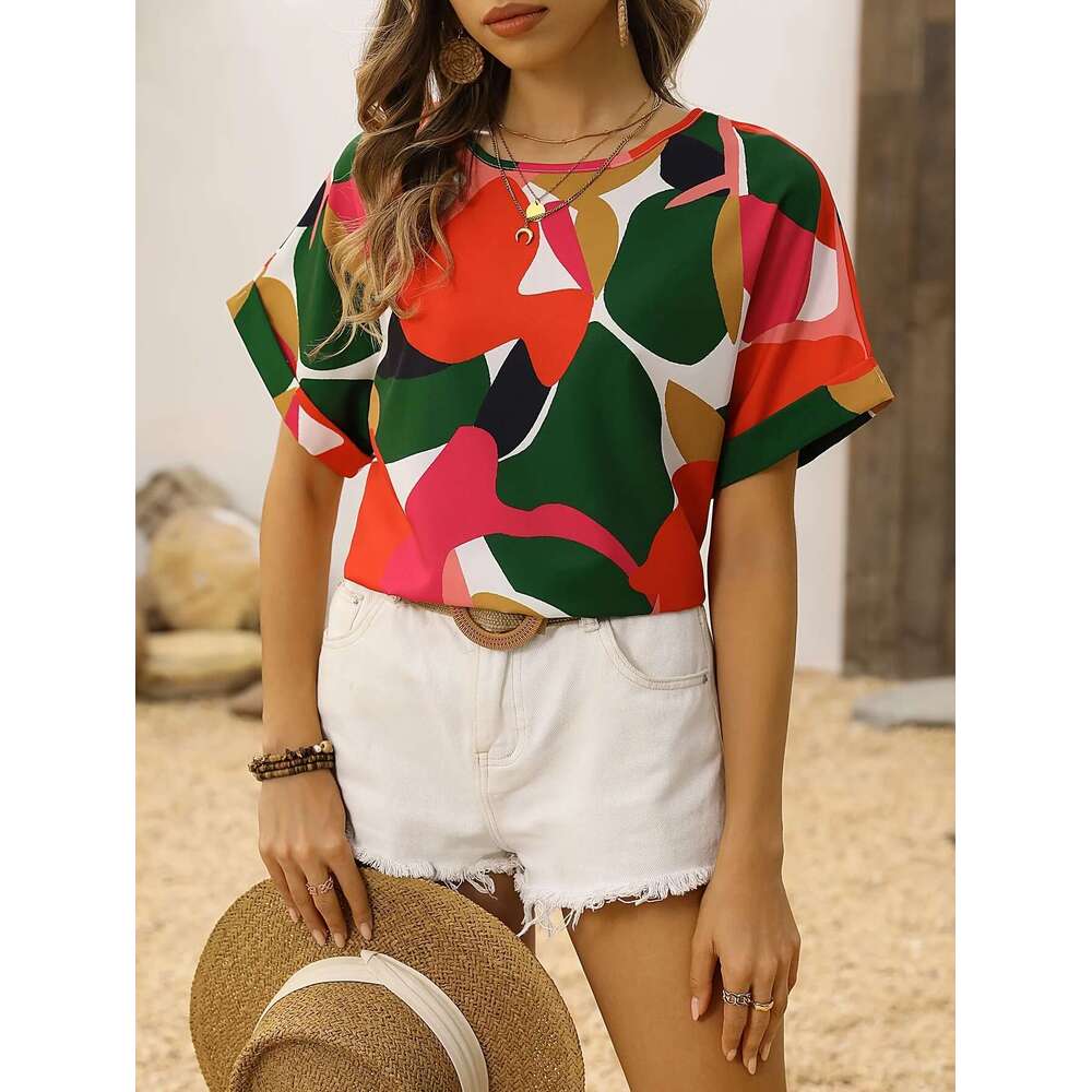 New Elegant Red Short Sleeved Shirt, Women's Clothing