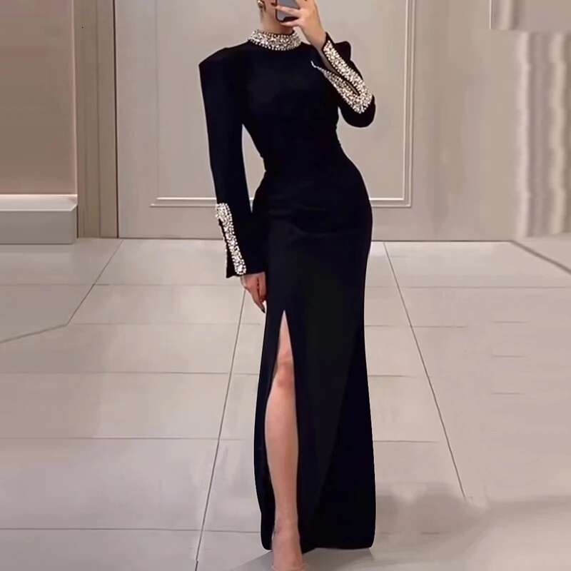 Women's Spring Long Sleeved Slim Banquet Casual Rhie Patchwork Dresses Elegant Half High Neck Waist Wrap Hip Dress
