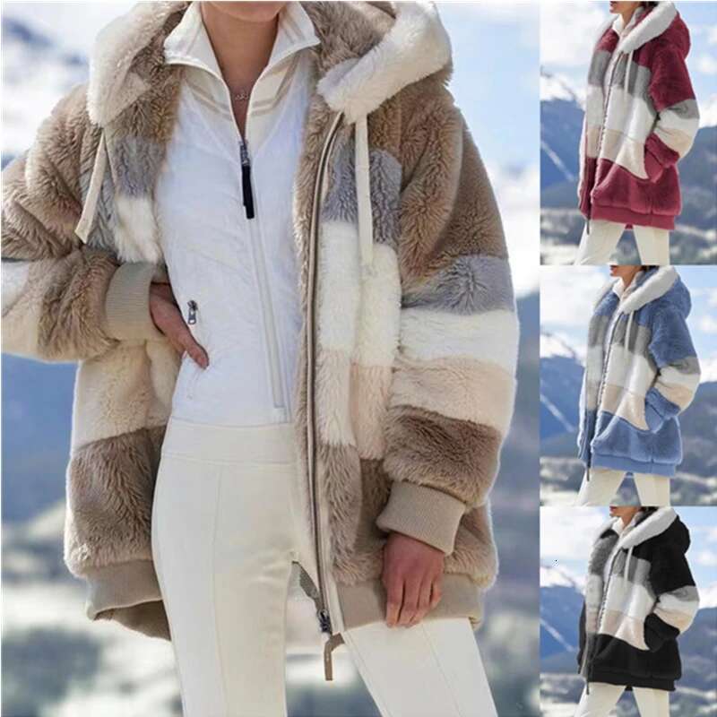 Women Fall Winter Warm Plush Hooded Coat Contrast Color Long Sleeve Zip Up Thick Cardigan Jacket 2021 E-Girls Streetwear Outwear