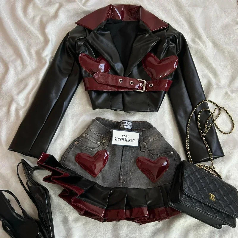 Harajuku Retro Leather Suit Two Piece Set for Women Y2k Heart Shaped Jacket Short Denim Patchwork Leather Pleated Mini Skirt 250214