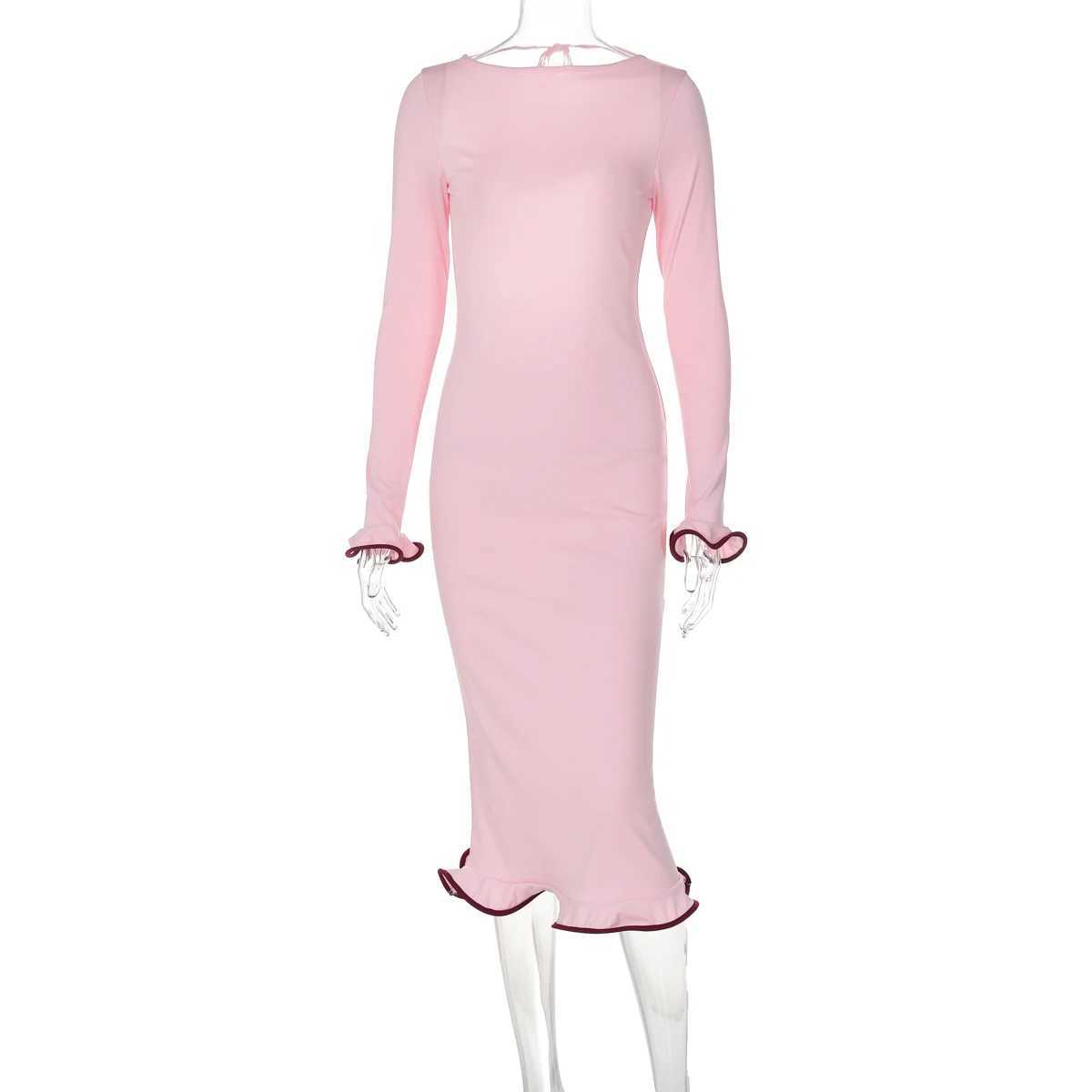 Basic Casual Dresses Lygens Slash Collar Long Slve Ruffles Backless Casual Dress Elegant Evening 2024 Y2K Ladies Dress Wholesale Fashion Outfit H25217