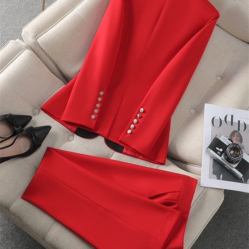 Fashion Red Black Beige Women Pant Suit 2 Piece Set Office Ladies Female Business Work Wear Formal Blazer Jacket 250206