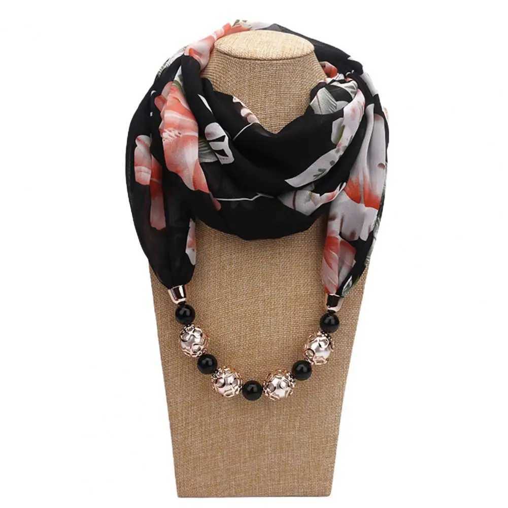 Beads Pendant Floral Print Necklace Scarf Simple Ethnic Style Vintage Chiffon Scarf Necklace Shl For Home Scarf With Necklace W250218