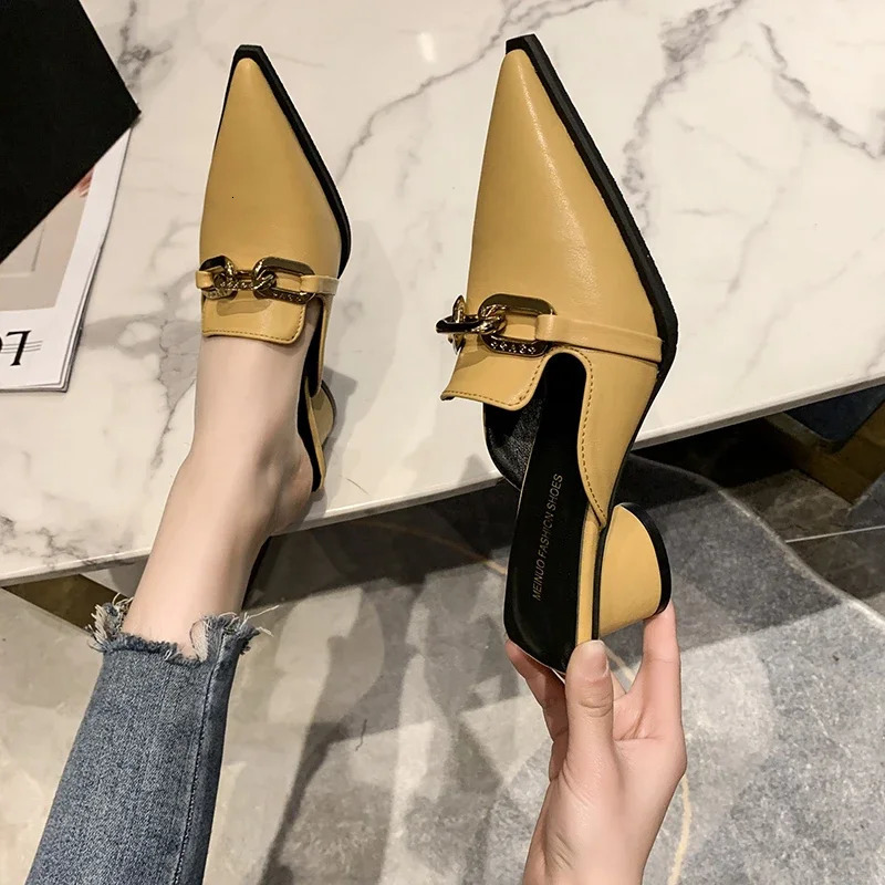 2024 Summer Women Black High Heels Slippers Close Toe Block Heels Mules er Slip on Loafers Slides Party Shoes 250217
