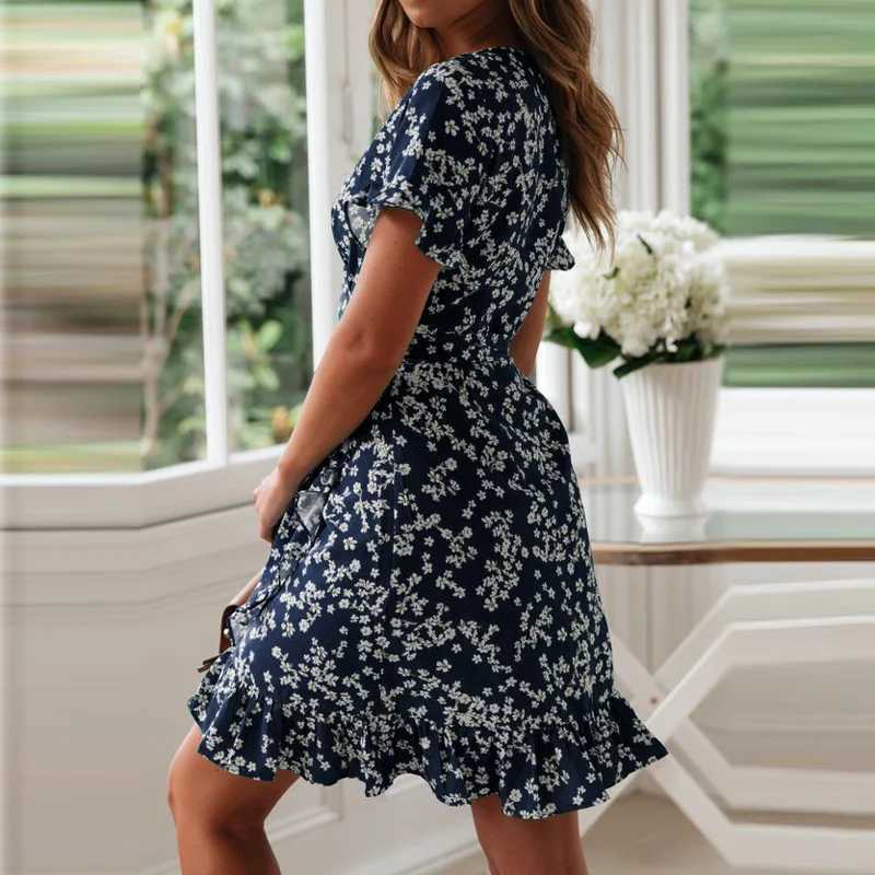 Basic Casual Dresses Boho Floral skirt Print Ruffles Women Dress Summer Sexy V Neck Short Slve A Line Chiffon Mini Dresses Beach Sundress H25217