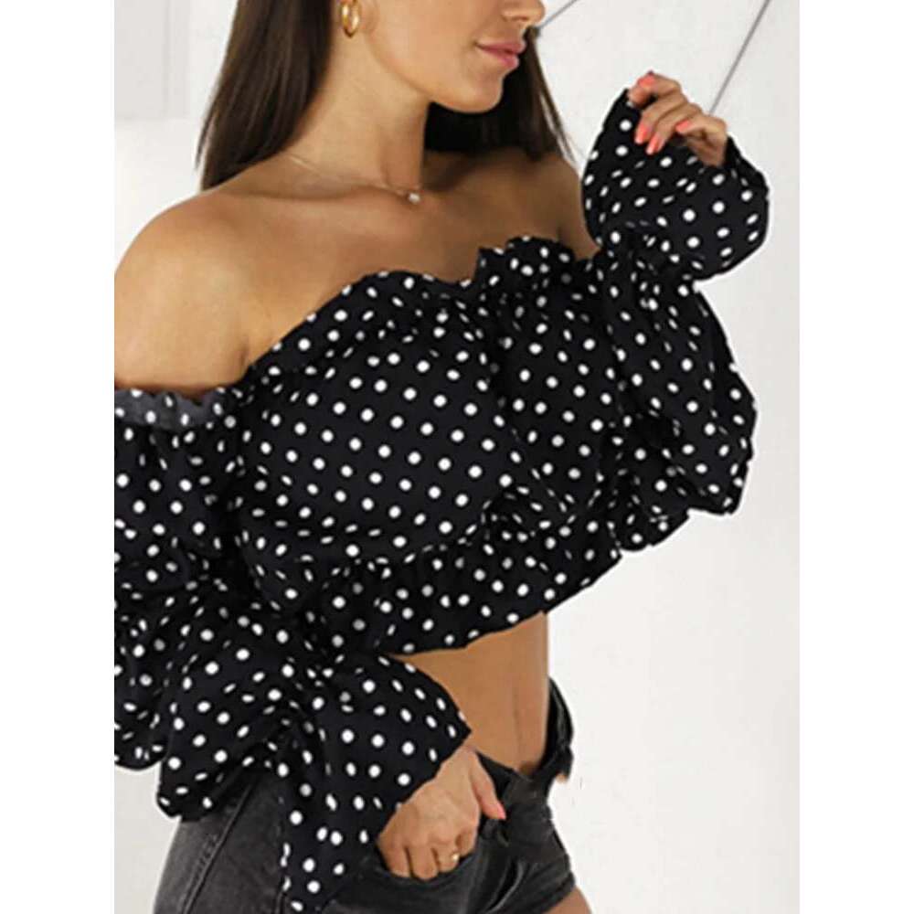 2024 Candy Color Off Shoulder Crop Tops Women Summer Dot Print Lantern Sleeve Shirts Lady Sexy Slash Neck Beach Blouse