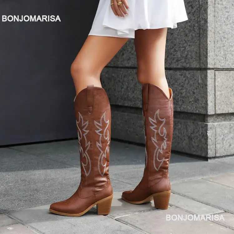 Plus Size 45 Womens Embroidered Western Knee High Boots Cowboy Cowgirl Boots Chunky Heel Platform Boots Women Western Shoes Z250218