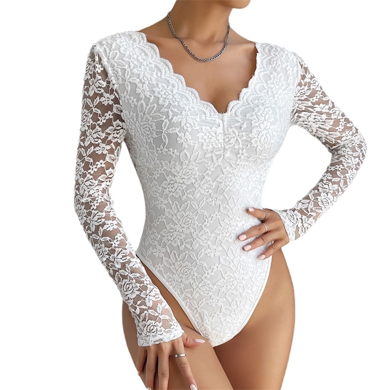 Women Jumpsuits 2025 Hot Selling Sexy Solid Color Lace Long Sleeved Spicy Girl Perspective Slim Fit Rompers