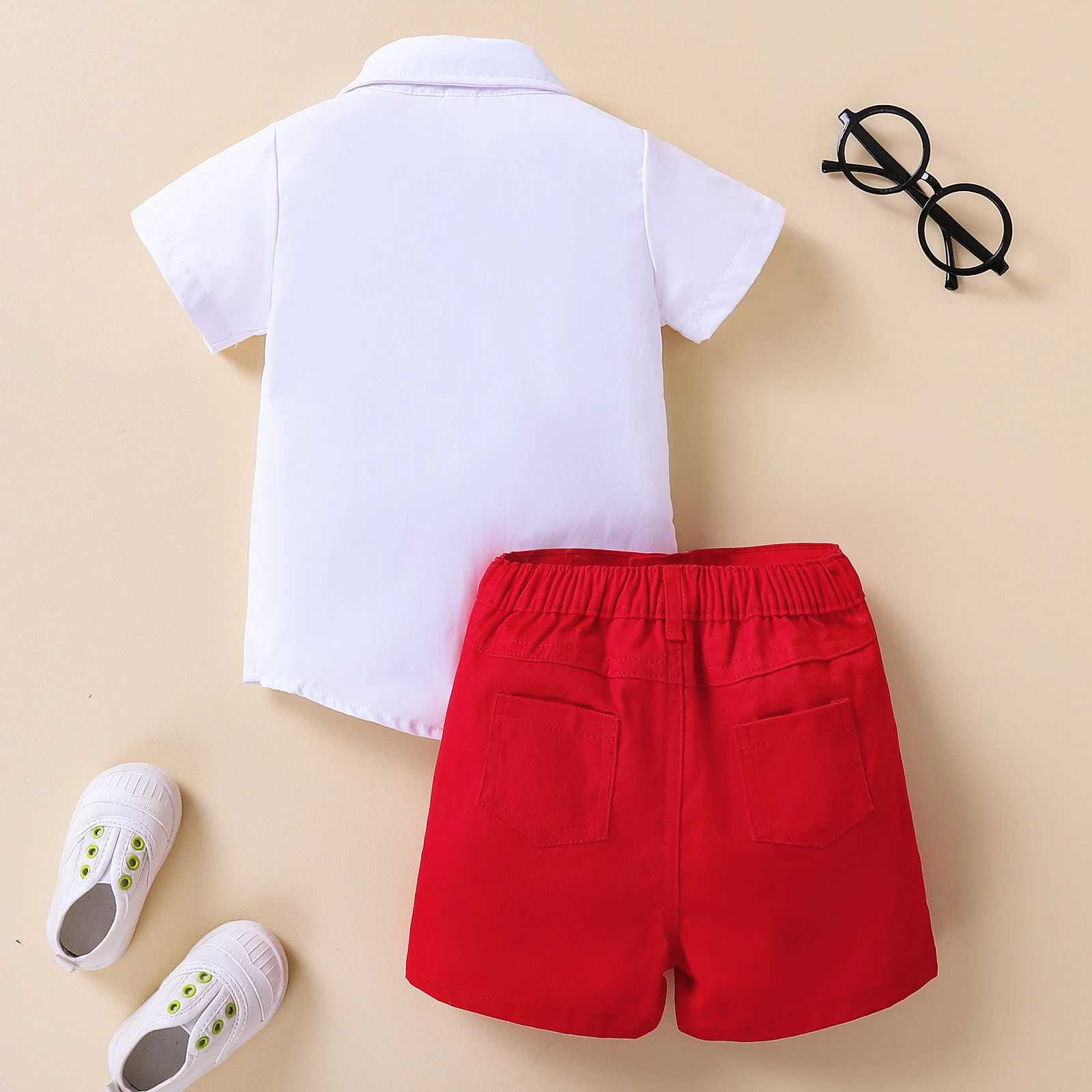 2 Pieces Kids Suit Set Summer Contrast Color Lapel Short Sleeve Shirt with Necktie+ Short Pants for Boys 1-8 Years W250218