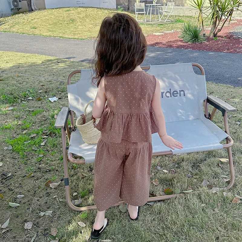 Baby girl casual clothing summer sleeveless polka dot top+wide leg pants set with bow and Burton 2PCS set childrens clothing W250218