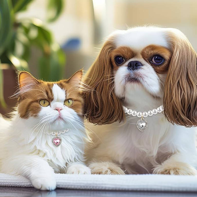 Fashion Dog Pearl Necklace with Pink Heart-Shaped Rhinestones and Small Rhinestones As a Pendant, Pet Neck Decoration for Small Medium Dogs, Adjustabl