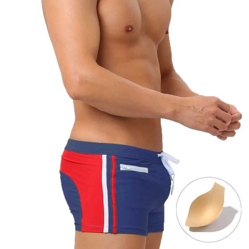 Color matching fashion boxer swimming pants with cup anti-light three-dimensional bag color beach pants boxers M250218
