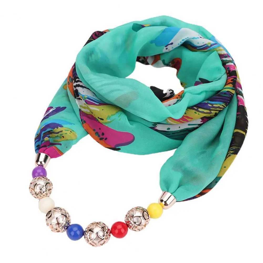 Beads Pendant Floral Print Necklace Scarf Simple Ethnic Style Vintage Chiffon Scarf Necklace Shl For Home Scarf With Necklace W250218