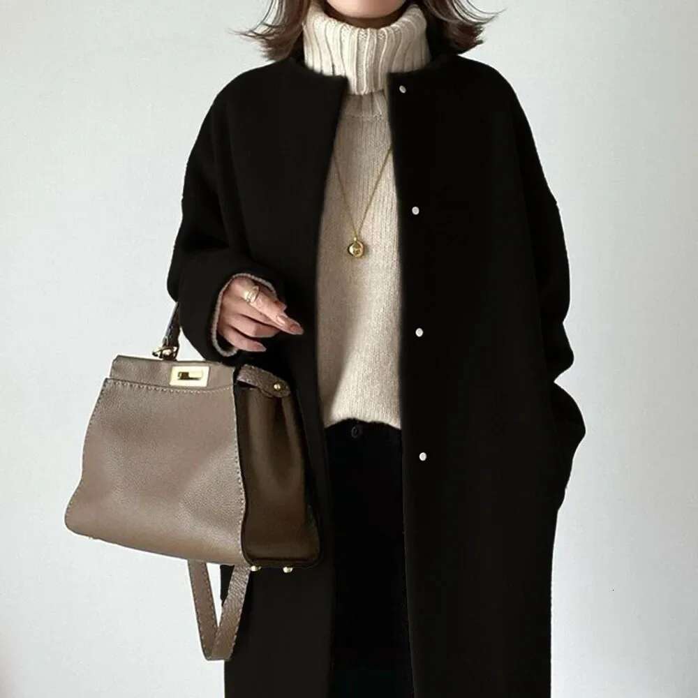 Elegant Woolen Coat For Women Long Sleeve Streetwear Korean Fashion Solid Single Breasted 2023 New Autumn Winter Coats