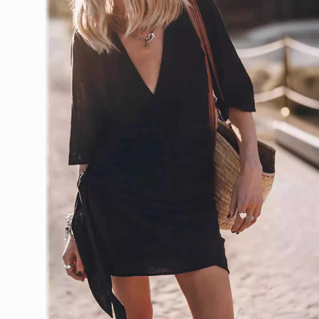 Basic Casual Dresses Casual V Neck Solid Short Slve Cross Lace Up Dress For Women Spring Summer Simple Elegant Cotton Linen Mini Dresses Female H25217
