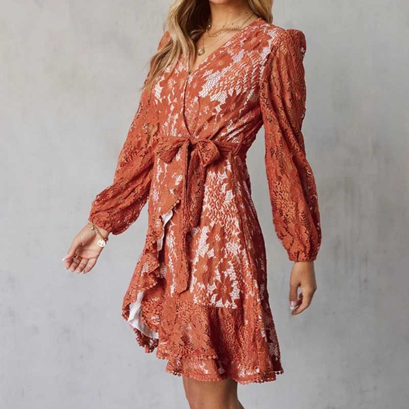 Basic Casual Dresses Gray/Orange Flutter Slve Wrap V Neck Floral Lace Short Dress for Women Summer Spring A Line Party Dress H25217