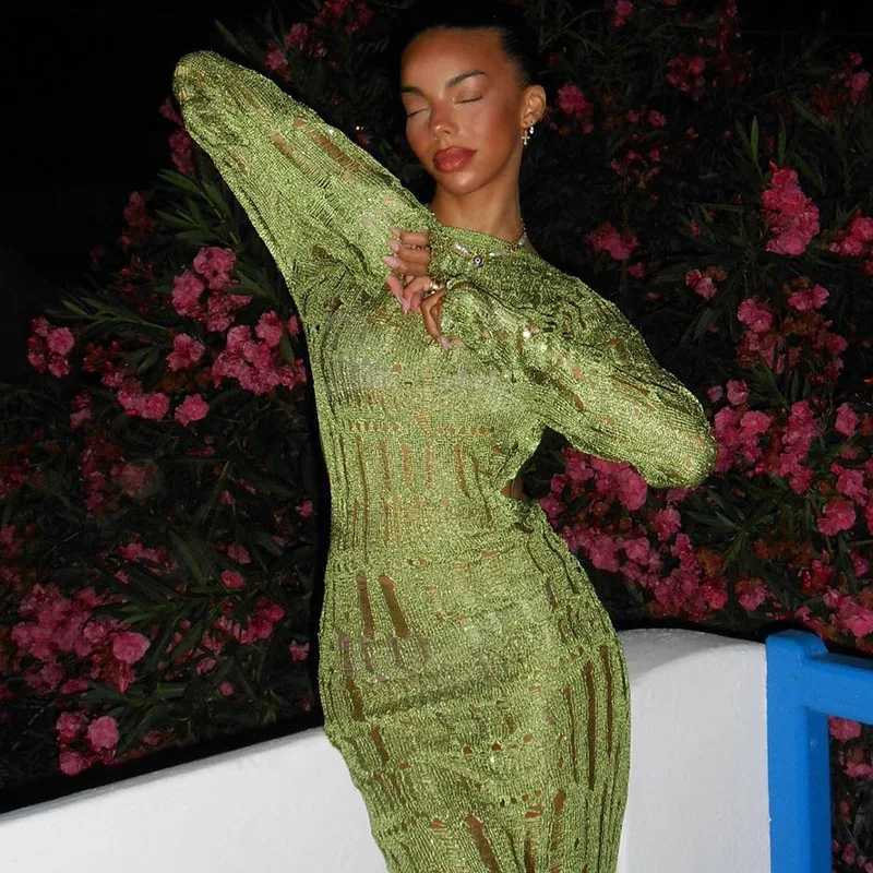 Basic Casual Dresses Lygens Elegant Knitting Ribbed Backless S Through Hollow Out Long Slve WomenS Dresses Evening Summer Prom Casual Clothes H25217