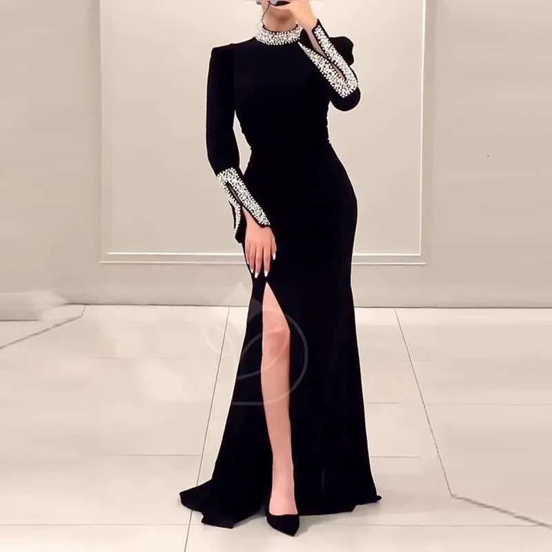 Women's Spring Long Sleeved Slim Banquet Casual Rhie Patchwork Dresses Elegant Half High Neck Waist Wrap Hip Dress