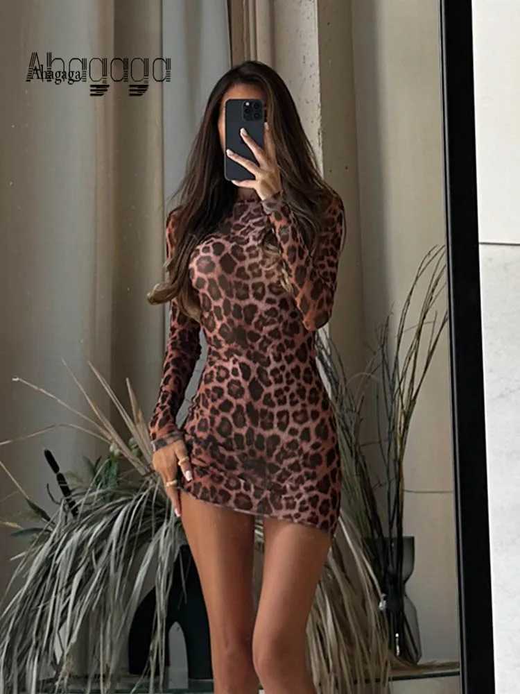 Basic Casual Dresses Ahagaga Leopard Printed Womens Mini Dresses Fashion Sheath Regular Causal Long Slves O-Neck Elegant Strtwear Vestidos Robes H2521