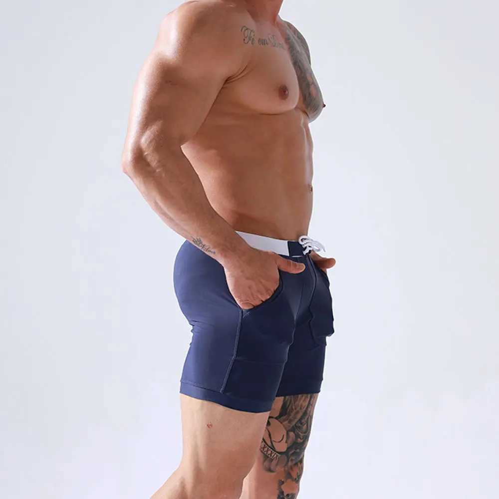 Mens elastic swim trunks quick drying swimsuit beach shorts with pockets surfing swimsuit water sports pants M250218