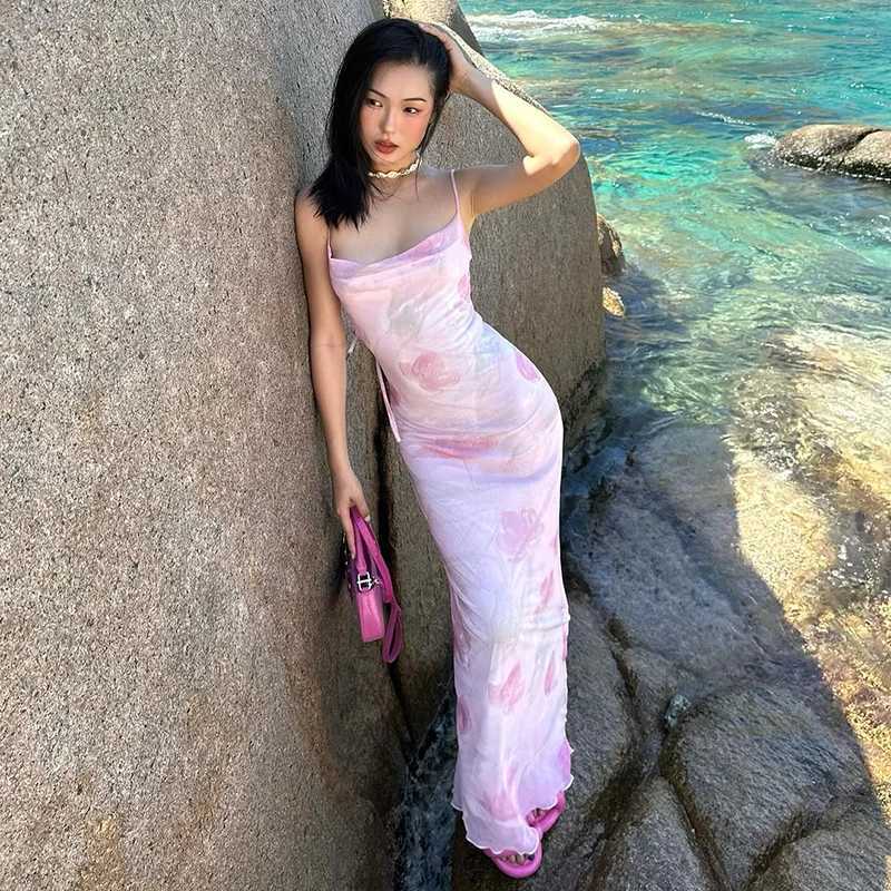 Basic Casual Dresses Lygens Mesh Print Spaghetti Bodycon Backelss WomenS Dresses Beach Vacation Elegant Evening Casual Outfit Summer Y2K Strtwear H252