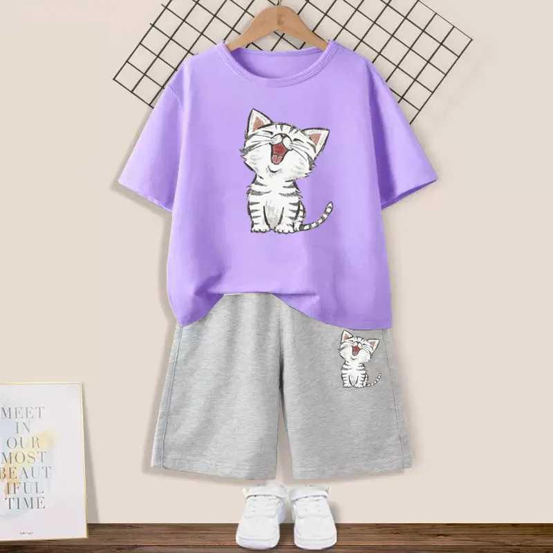 Girl Cute Cat Printed Clothing Set Childrens Summer Fashion Short sleeved T-shirt+Shorts 2-piece Set Childrens Clothing W250218