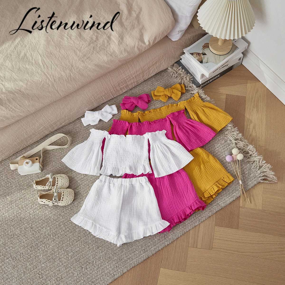 Listenwind 1-6Y Toddler Kid Girl Clothes Set Children Outfits Ruffle Off Shoulder Crop Tops Shorts Summer Holiday Clothing D08 W250218