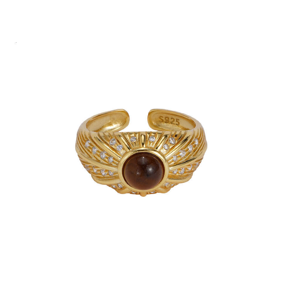 Tiqi S pure silver antique style tiger eye stone for women a high-end feel, slightly inlaid with sparkling zirconium wide version index finger ring tr