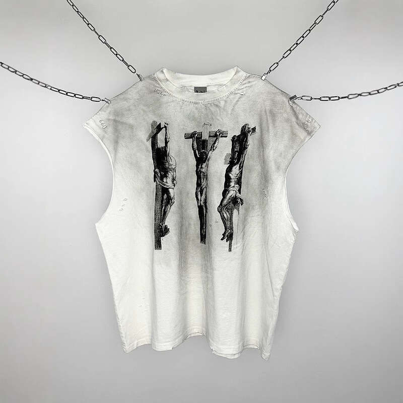 New American style hand water tank top, worn out, washed with white ink, direct spray printed short sleeved T-shirt