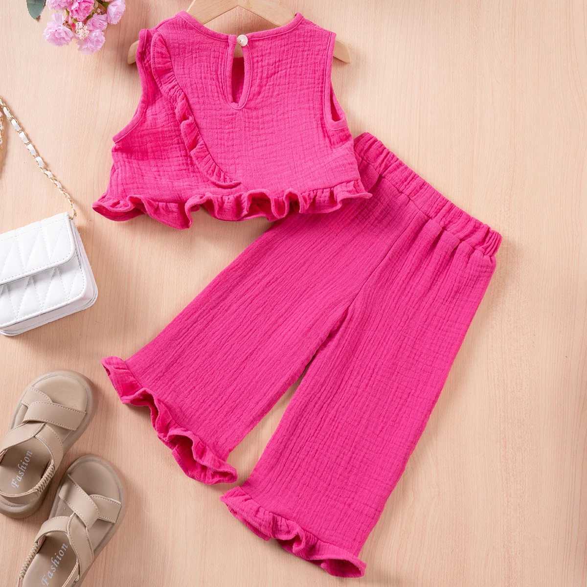 2024 Summer Solid Ruffle Top and Wide Leg 2-piece Solid Korean Childrens Clothing 0-6YXJ250410