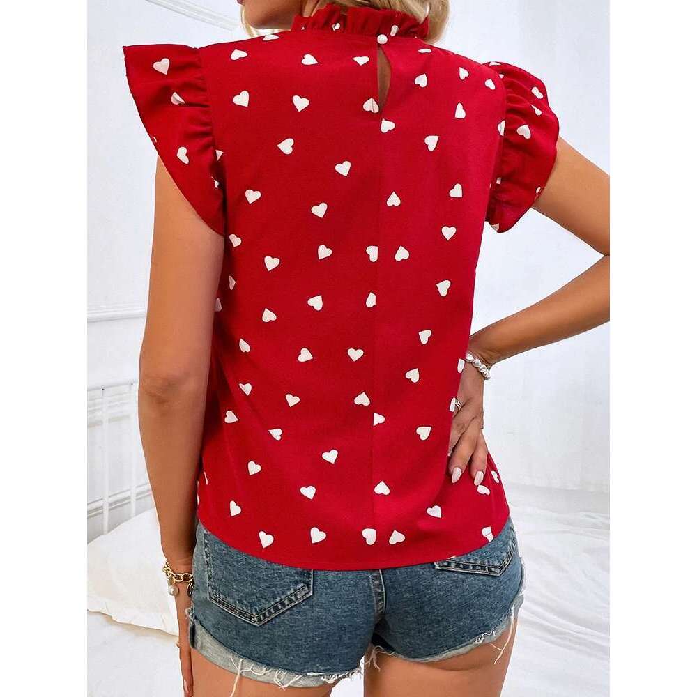 Fashion Chiffon Print Women's Shirt Casual Ruffle Short Sleeve Top Pink Chic Woman Blouse And Shirts Elegant Blouses Summer 2022