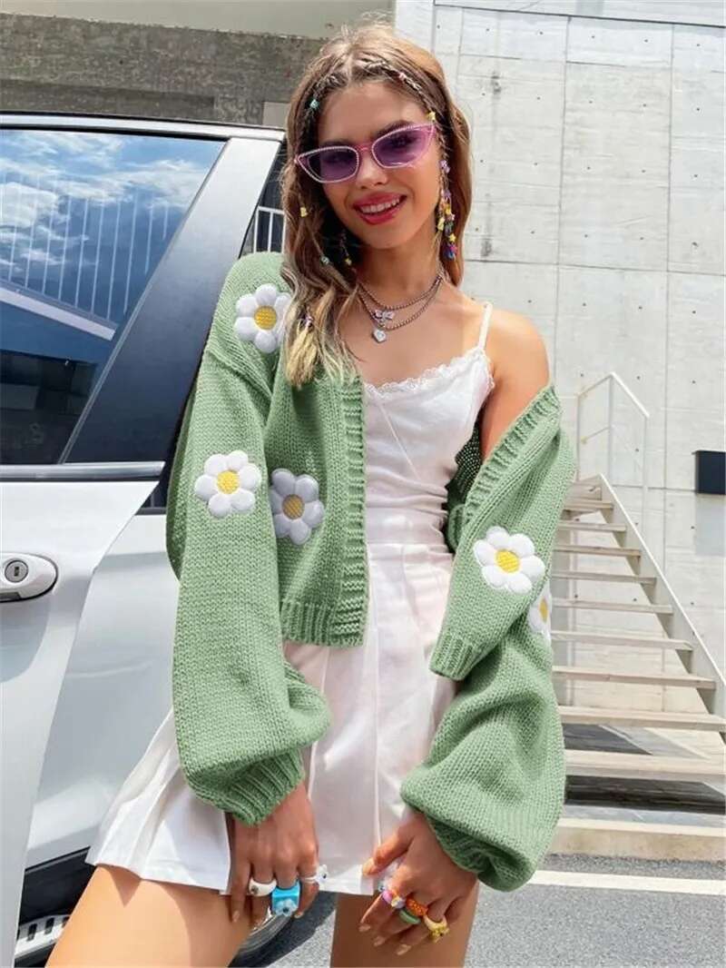 European And American Autumn New Sweet Wer Pattern Cardigan Loose Short Knitted Women's Sweater Jacket