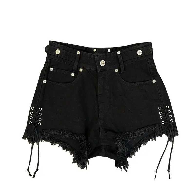 Bandage Shorts Womens Jeans Shorts Side Drstring Black Casual Summer Plus Size Shorts Fe High Waisted Denim Shorts PantsXJ250217