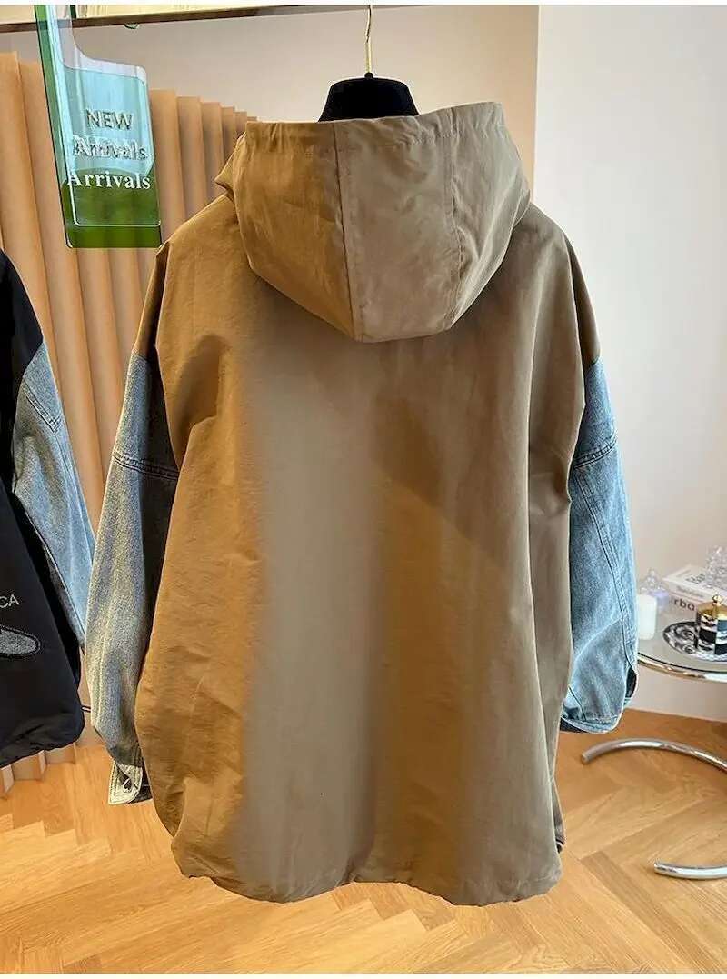 Oversized Hoodies Coat Women Fashion Denim Patchwork Hooded Pullover Jackets Casual Loose Half Zipper Hoodie Y2k Spring Autumn