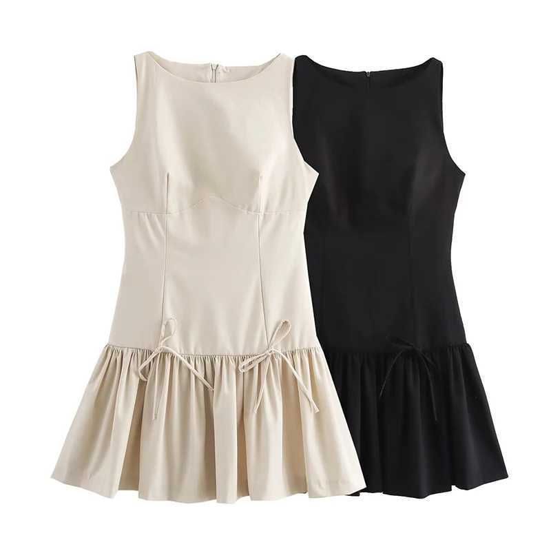 Basic Casual Dresses Willshela Women Fashion With Bow Solid Back Zipper Mini Dress Vintage O-Neck Slveless Female Chic Lady Dresses H25217