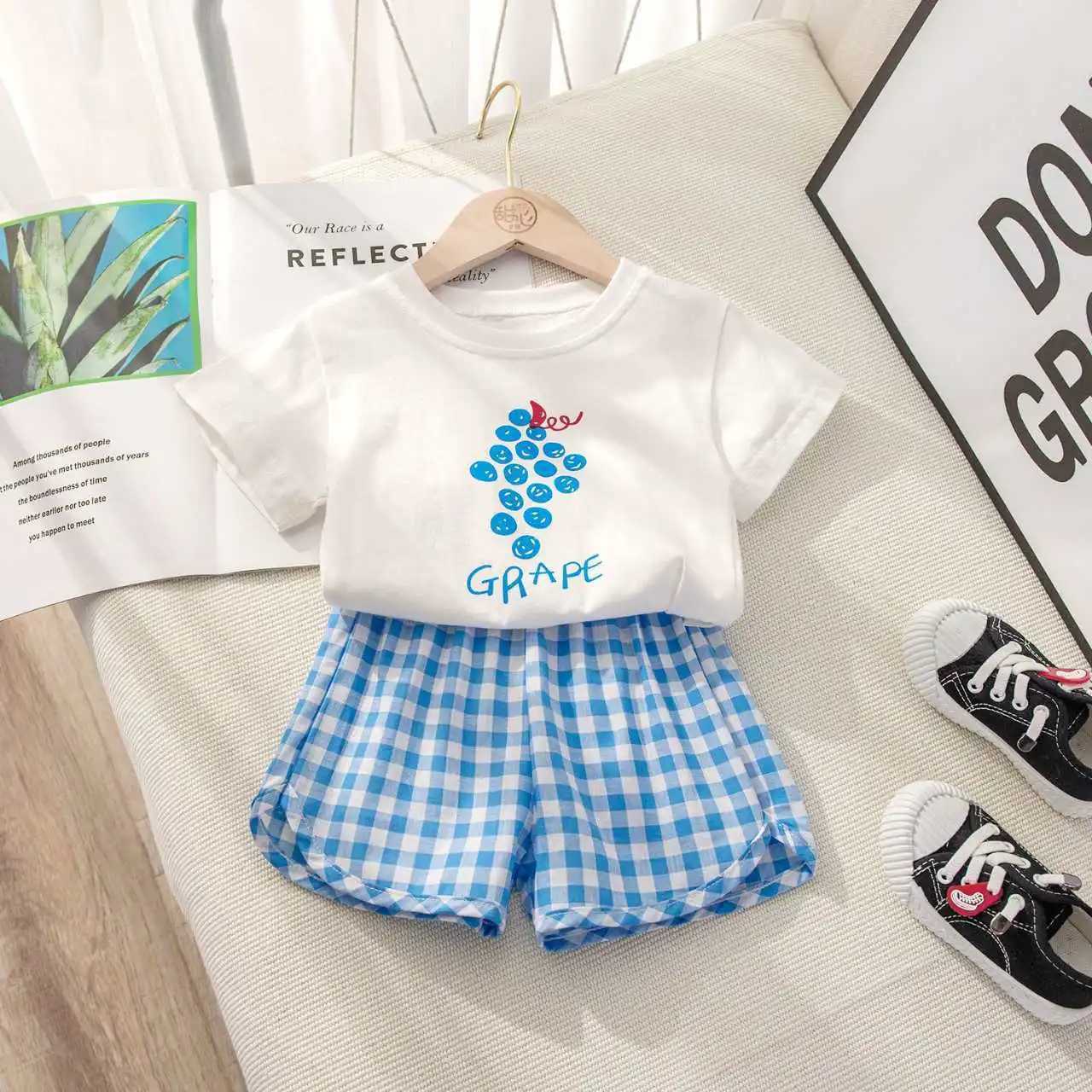 Fruit T-shirt Plaid Shorts Girls 2pc/set Summer Childrens Clothes Cotton Kids Short Sleeved Suit Fashion Baby Clothing 1-6Y W250218