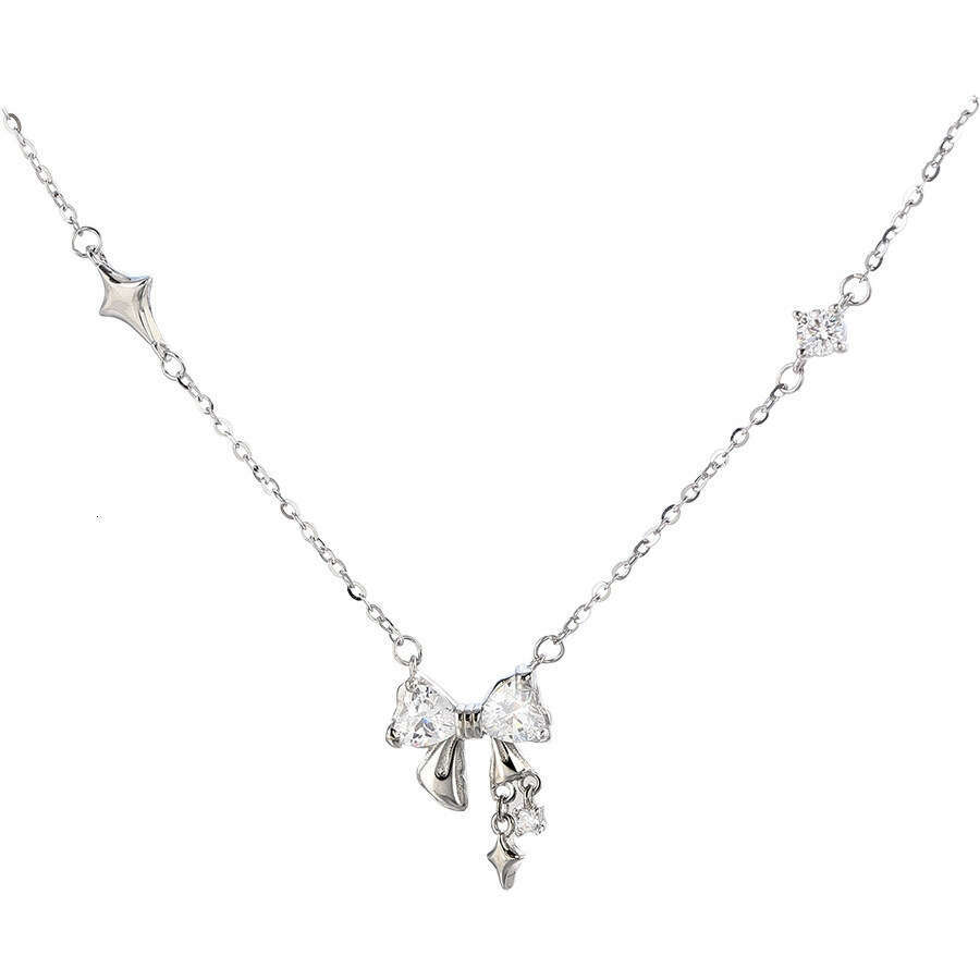 Tiqi S pure sier, light , high-end feeg, dia studded bow necklace, women's niche design, star tassel earrings