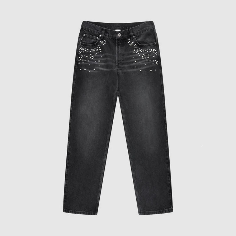 Y2K Pearl Baggy Jeans Solid Color Washing Front Pocket Decoration Men Women Streetwear Harajuku Retro High Street Straight Pants 250217