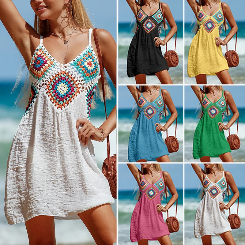 Crochet Knitted Splicing Colorful Pattern V Neck Tunic Beach Wear Hollow Bikini Cover Up Dress Sarong Swimsuit 250212