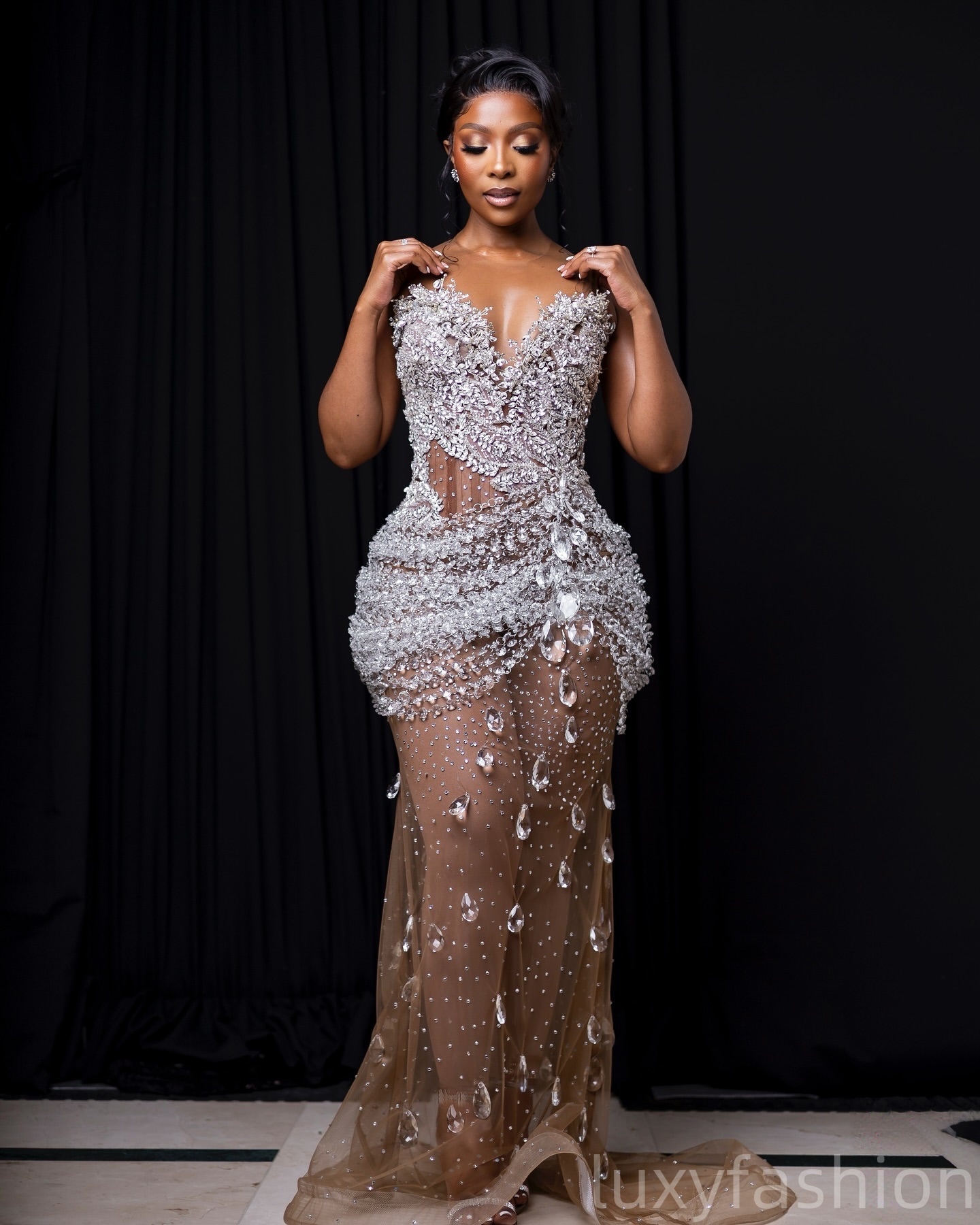 Aso Ebi 2025 Champagen Illusion Mermaid Prom Dresses Crystals Beaded See Through Evening Formal Party Second Reception Birthday Gowns Dress For Specia