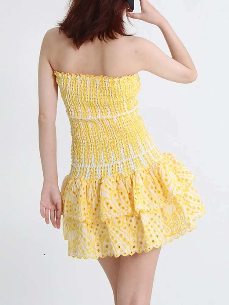 KBQ Embroidery Off Shoulder Sexy Dresses For Women Strapless Sleeveless High Waist Ruched Hollow Out Dress Female Fashion New