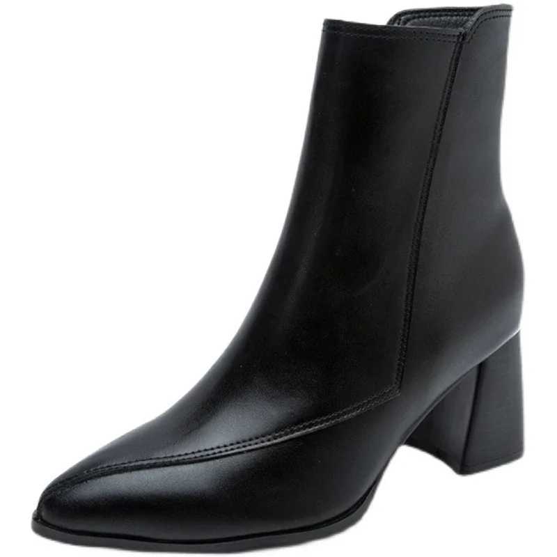 Spring and Autumn New British Style hick Heel Womens Boots Pointed Toe Thin Side Zipper Black Nude Boots Women Mid-heel FiXJ250217
